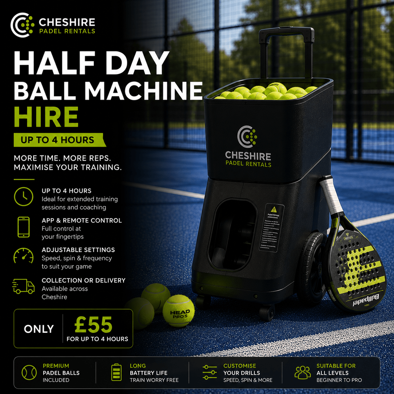 Half Day Ball Machine Hire (Up to 4 Hours) - Cheshire Padel Rentals